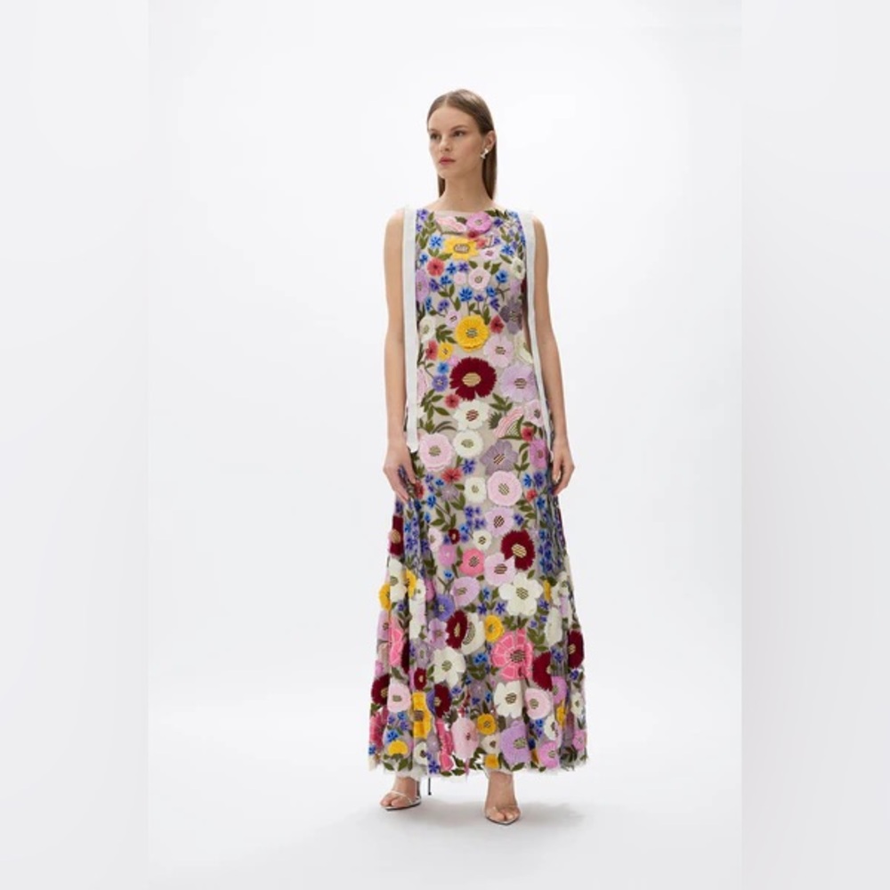 Rachel Gilbert NYA 100% Hand Embroidered Floral Maxi Dress NWT